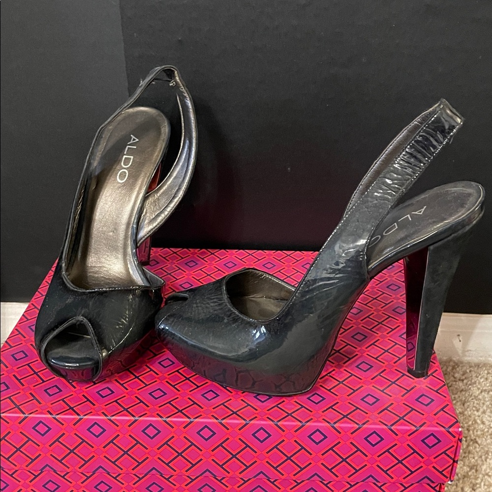 Aldo Sling Back Pepto Heel Velvet Back Of Heel Pattern, Leather, Dark Gray 38
